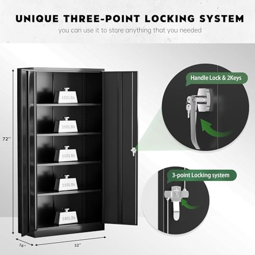 Greenvelly Steel SnapIt Storage Cabinet 72" Locking Metal Garage Storage Cabinet with 4 Adjustable Shelves, 2 Doors and Lock for File, Office, Garage