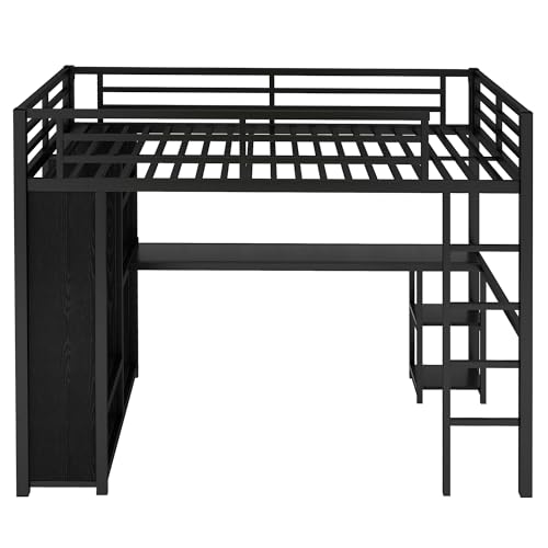 Bellemave Queen Size loft Bed with L Desk, Wardrobe, Metal Queen Loft Bed Frame for Adults, Kids, Teens, Black