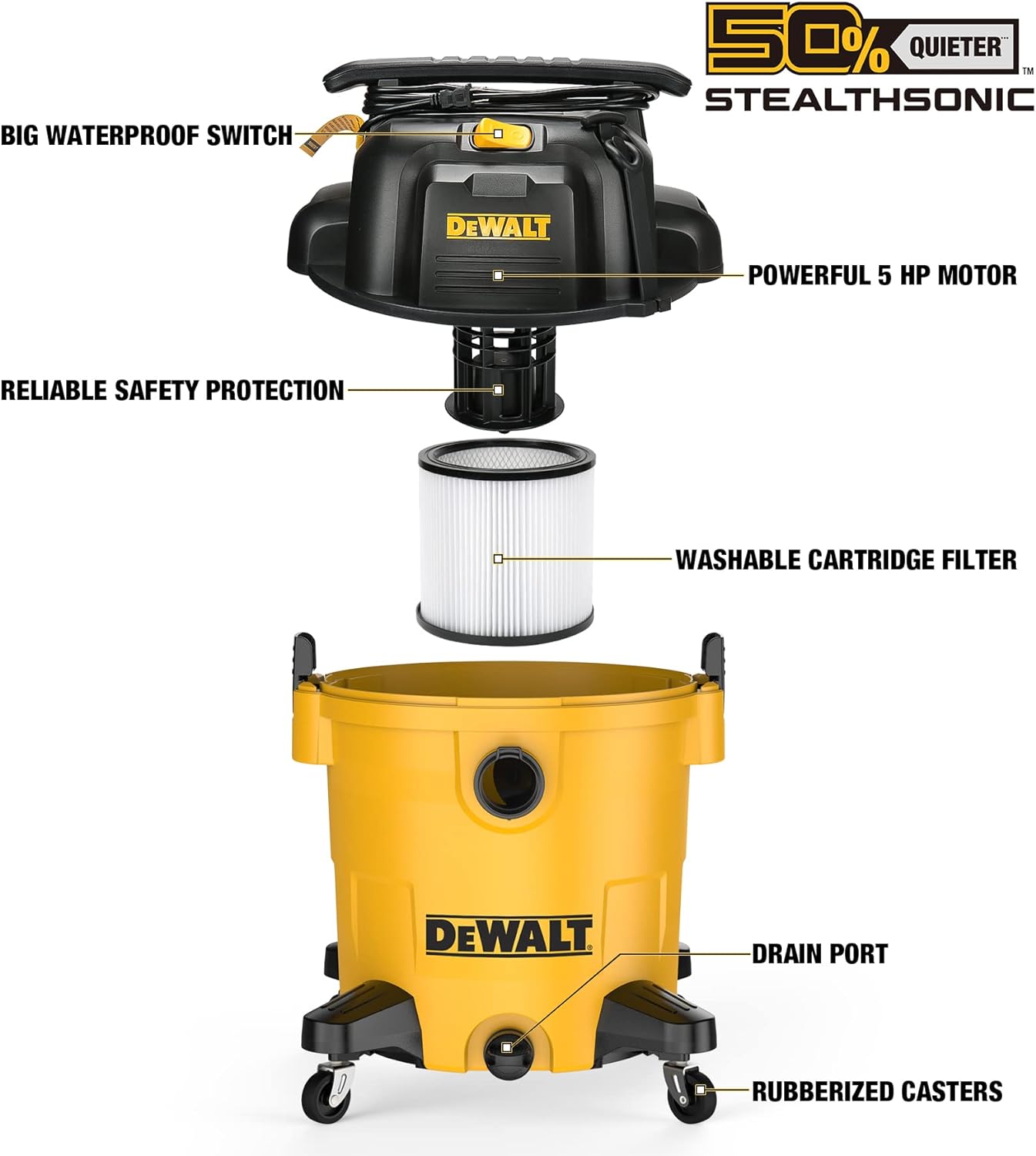 DEWALT 12 Gallon STEALTHSONIC Poly Wet/Dry Vacuum, DXV12P-QTA Newest Noise Reduction Vac, Heavy Duty Shop Vacuum for Jobsite/Workshop