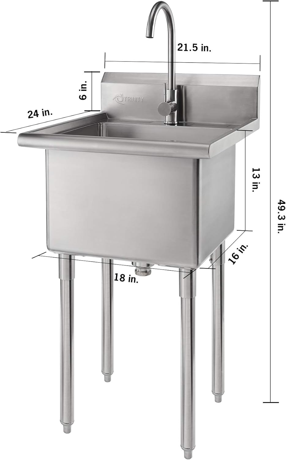 TRINITY EcoStorage Stainless Steel Freestanding Single Bowl Utility Sink for Garage, Laundry Room, and Restaurants, Includes Faucet, NSF Certified