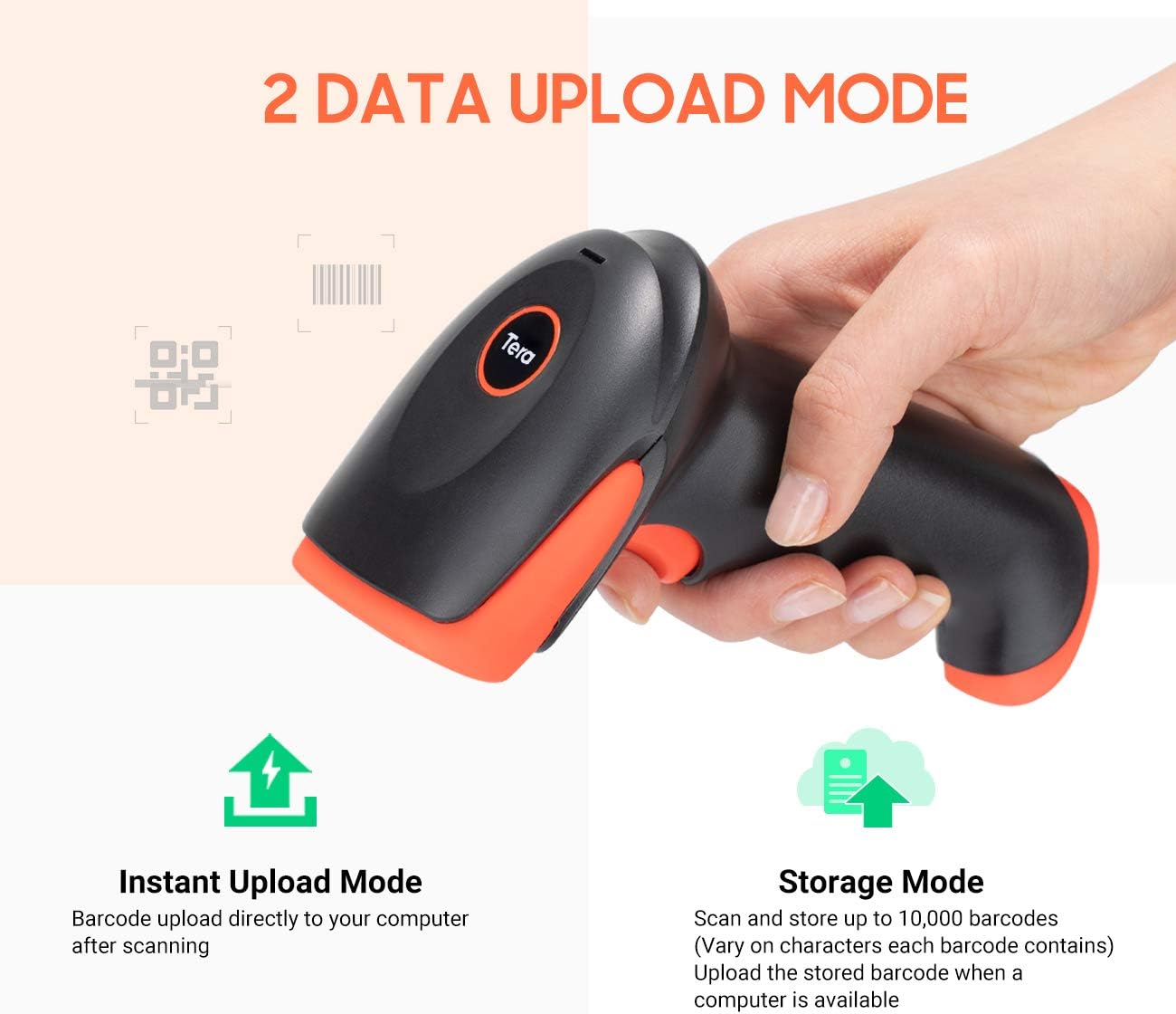 Tera Pro Wireless 2D QR Barcode Scanner 3 in 1 Bluetooth & 2.4GHz Wireless & USB Wired Connection Connect Smart Phone Tablet PC Image Bar Code Reader