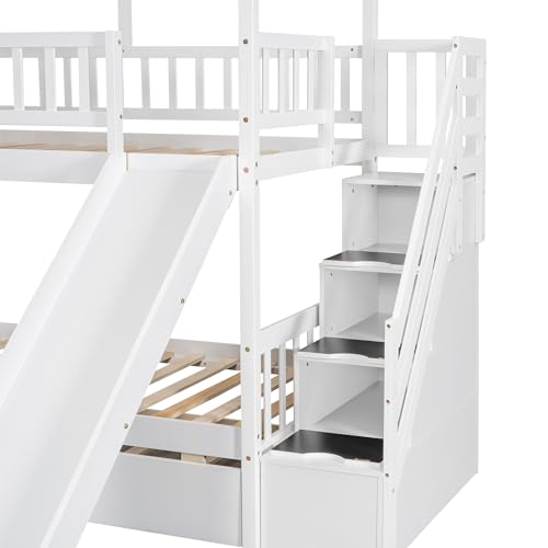 Kids Twin Over Twin Bunk Beds with Slide and Trundle, Solid Wood Bunk Bed Frame with Stairs and Storage