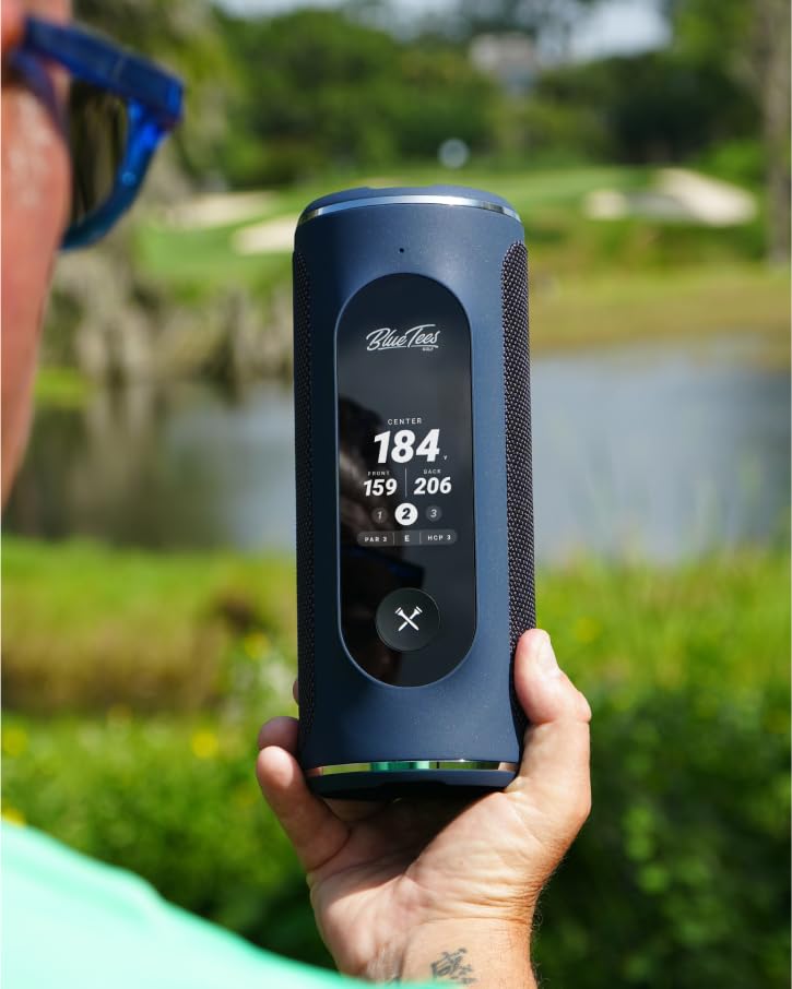 Blue Tees Golf Player+ GPS Speaker with Touch Screen Display, 10+ Hours Battery, 40,000+ Courses, Visual + Audible Distance, Hazard Distance