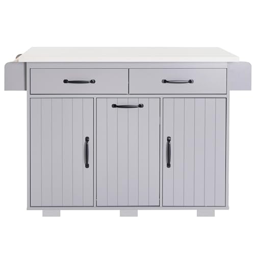 Ball & Cast Farmhouse Kitchen Island with Drop Leaf & Barn Door,Rolling Kitchen Cart on Wheels with Power Outlet,3 Large Drawers
