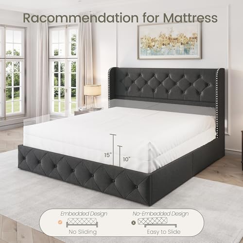 King Size Bed Frame with 4 Storage Drawers and Tufted Headboard Linen Upholstered Platform Bed Frame Wingback Beds with Wooden Slats Support