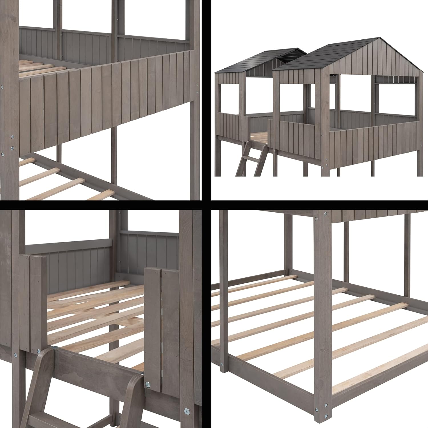 House Bunk Bed Full Over Full Size, Wooden House Bunk Beds Frame With Roof And Guard Rail, Floor Bunk Bed Frame For Kids, Teens