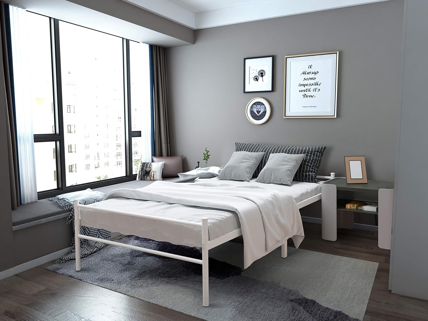 DHOUSE Metal Bed Frame Twin Size with headboard and Footboard Strong Steel Plate Support Mattress No Spring Required Easy to Assemble Can Store Items