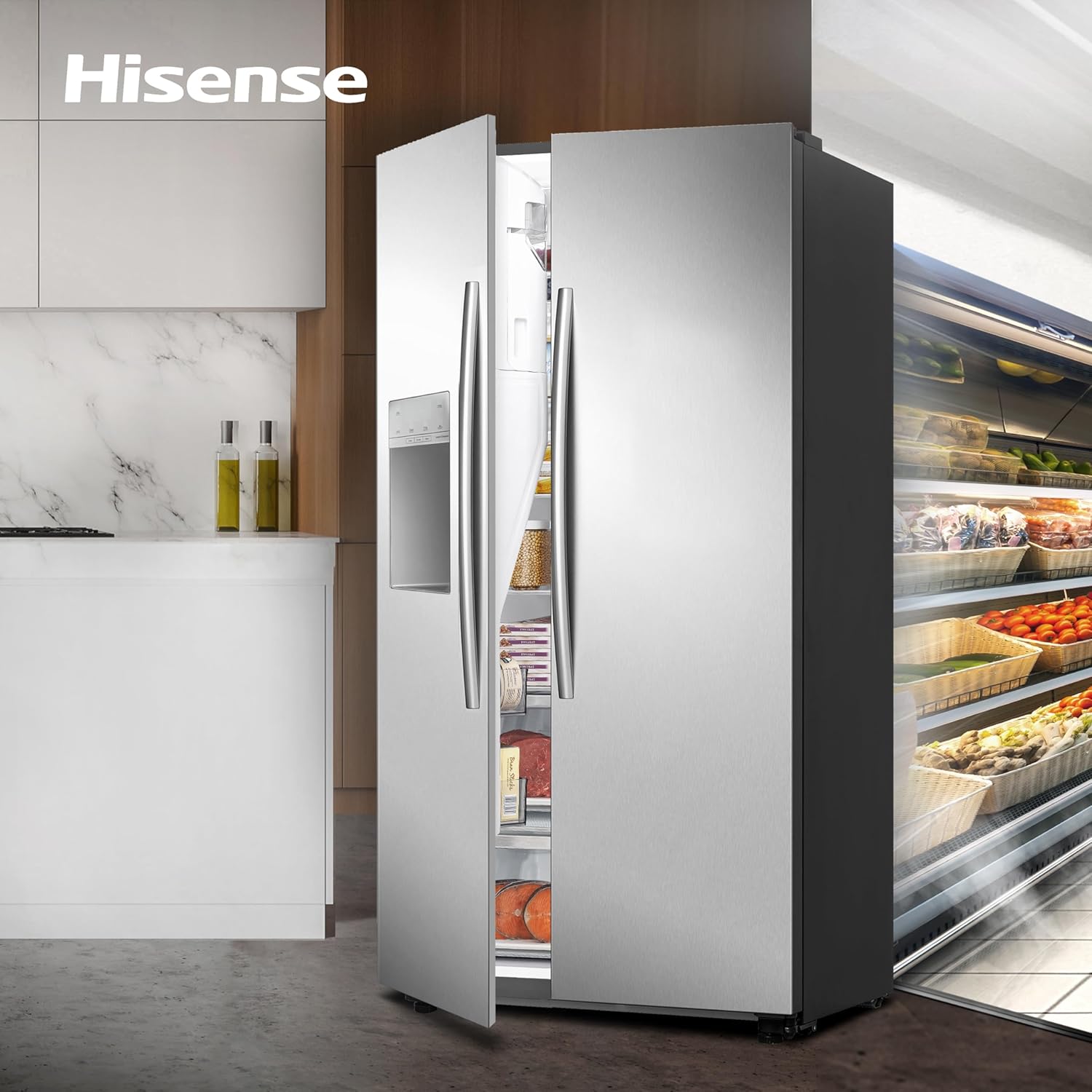 Hisense RS694N4ICE Freestanding American Side-by-Side Fridge Freezer - Total No Frost - Plumbed Water and Ice Dispenser - 562 liters