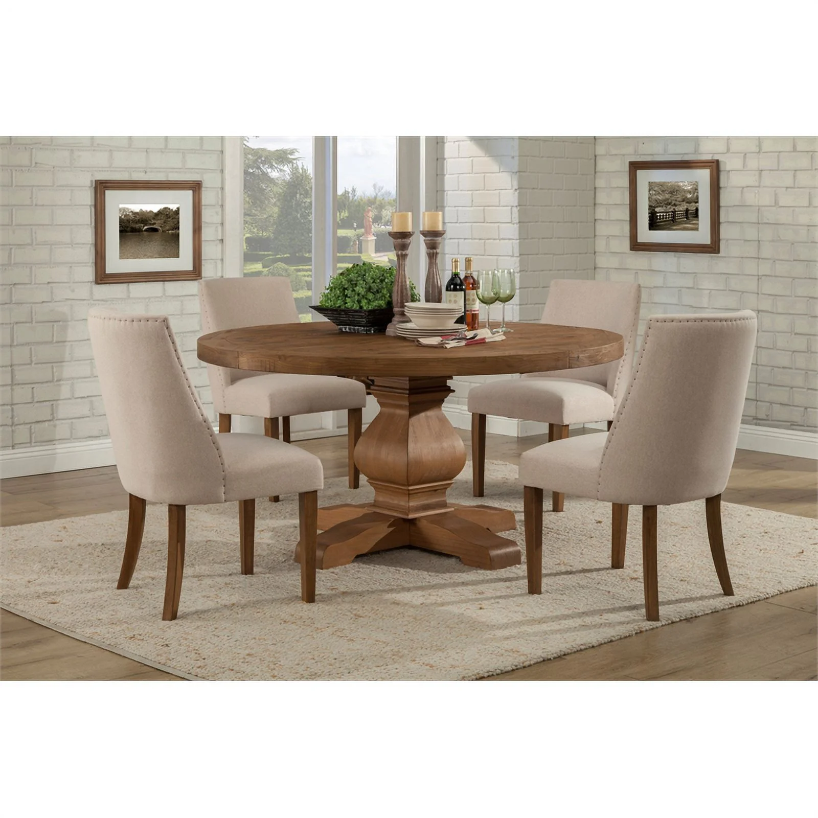 Home Square 5 Piece Dining Set with Round Table and 4 Chairs in Natural Oak