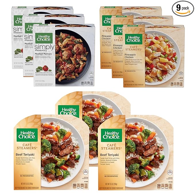 Healthy Choice Meals Variety Pack - Healthy Choice Meatball Marinara - Beef Teriyaki and Pineapple Chicken - 3 Boxes of Each, Total 9
