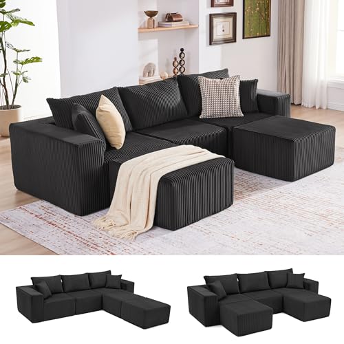 107.4" Cloud Couch Sectional, Modular Sofa with Deep Seat, Plush Corduroy L Shaped Boneless Couch, Convertible Sectional Couches for Living Room