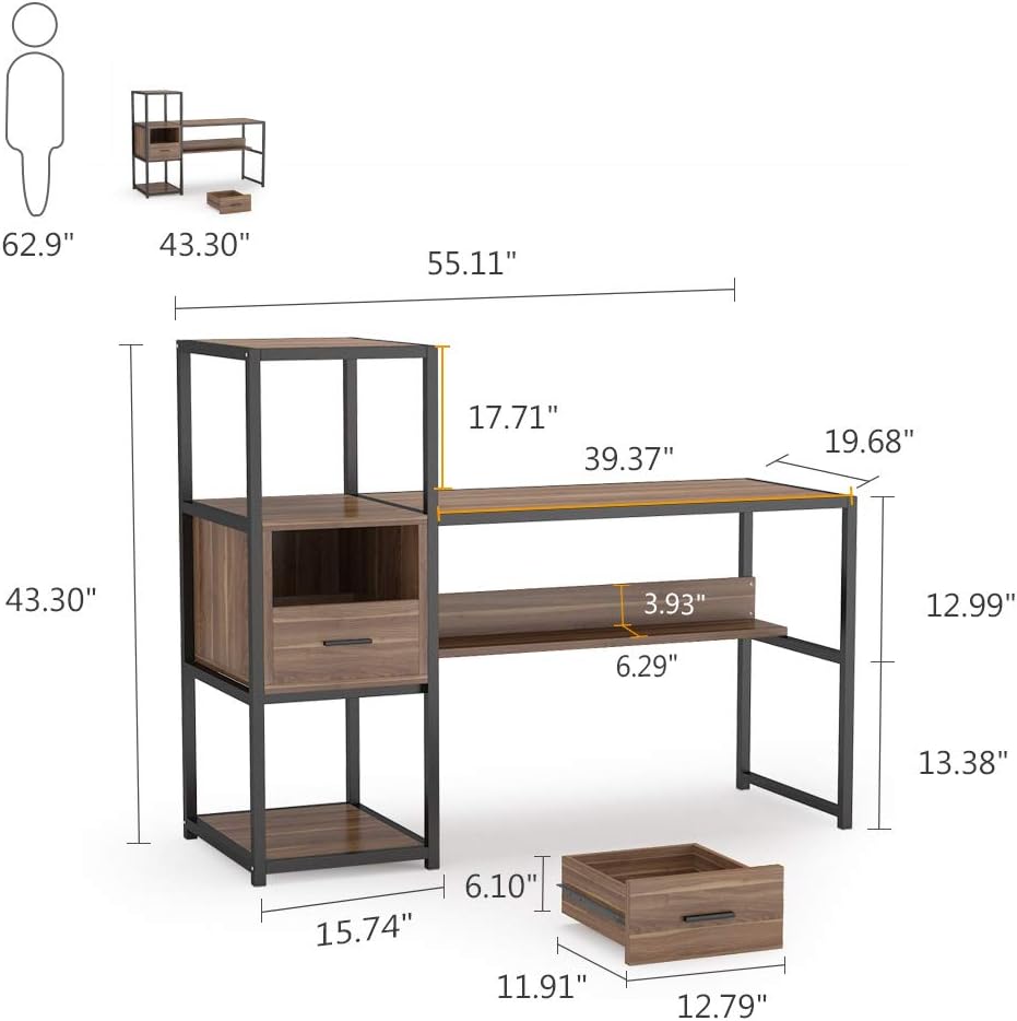 Tribesigns 55 Inches Computer Desk with 4 Storage Shelves and 2 Drawers