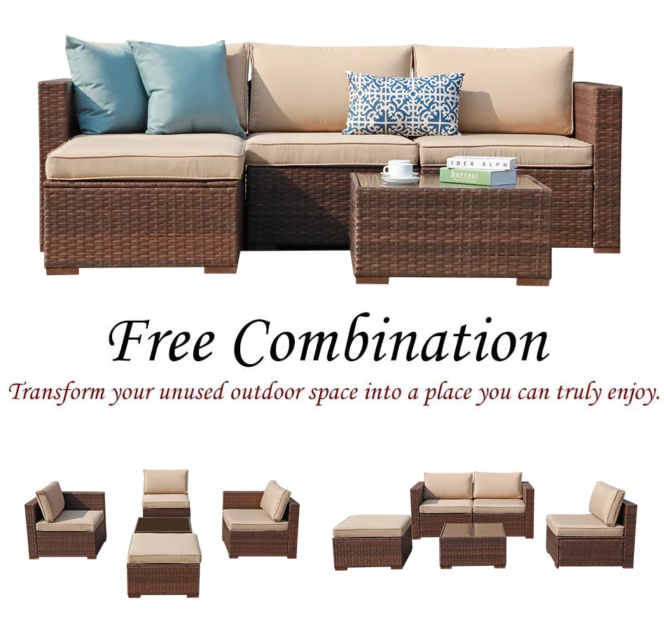 Patiorama 5-Piece Patio Furniture Set, Outdoor Sectional Conversation Set, All-Weather Brown PE Wicker with Beige Cushions