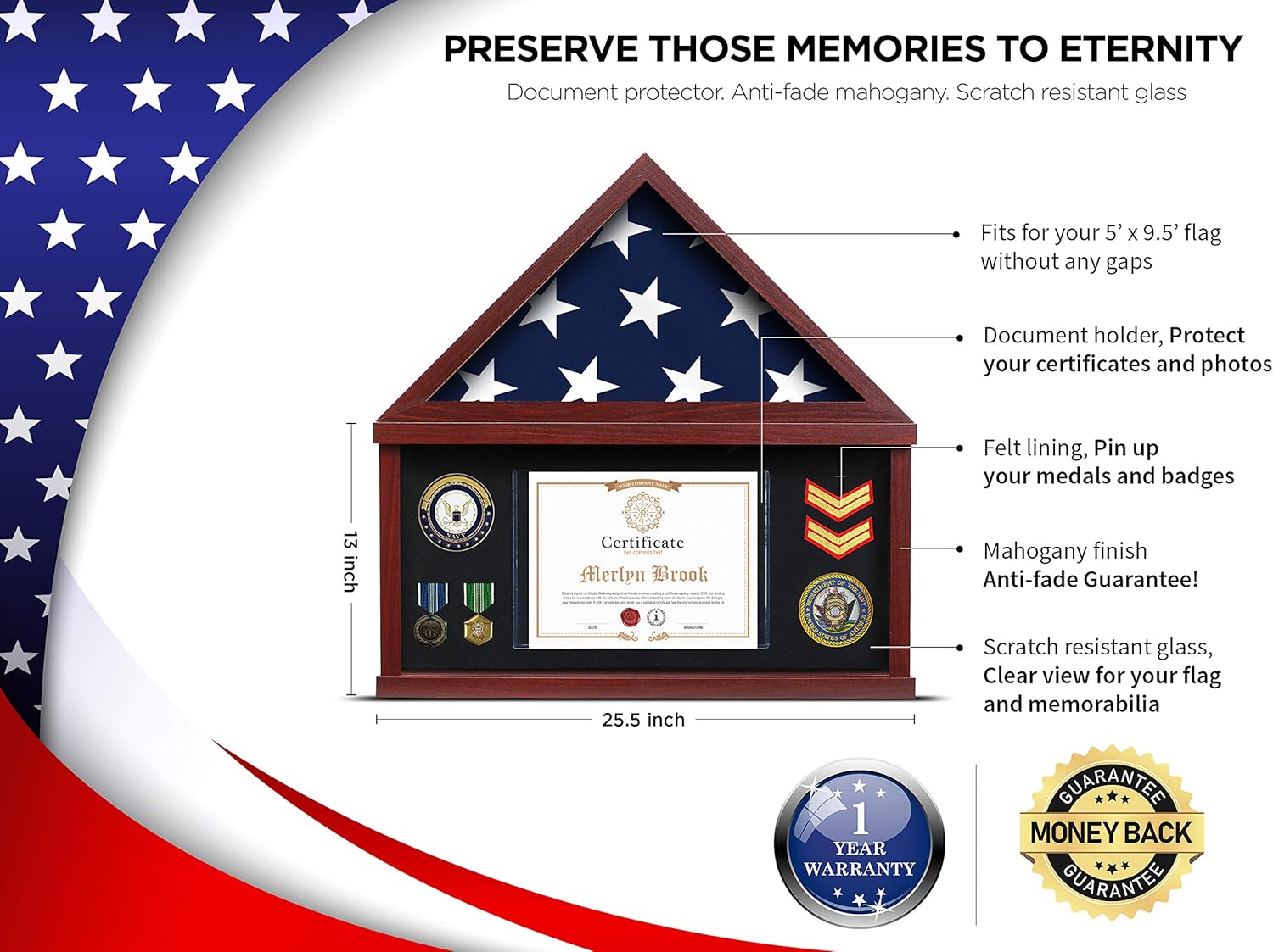 Flag Case for American Veteran Burial Flag Flag Display Case for Burial Flag Military Shadow Box 95% Clear with Felt Lining Holder for Medal Document