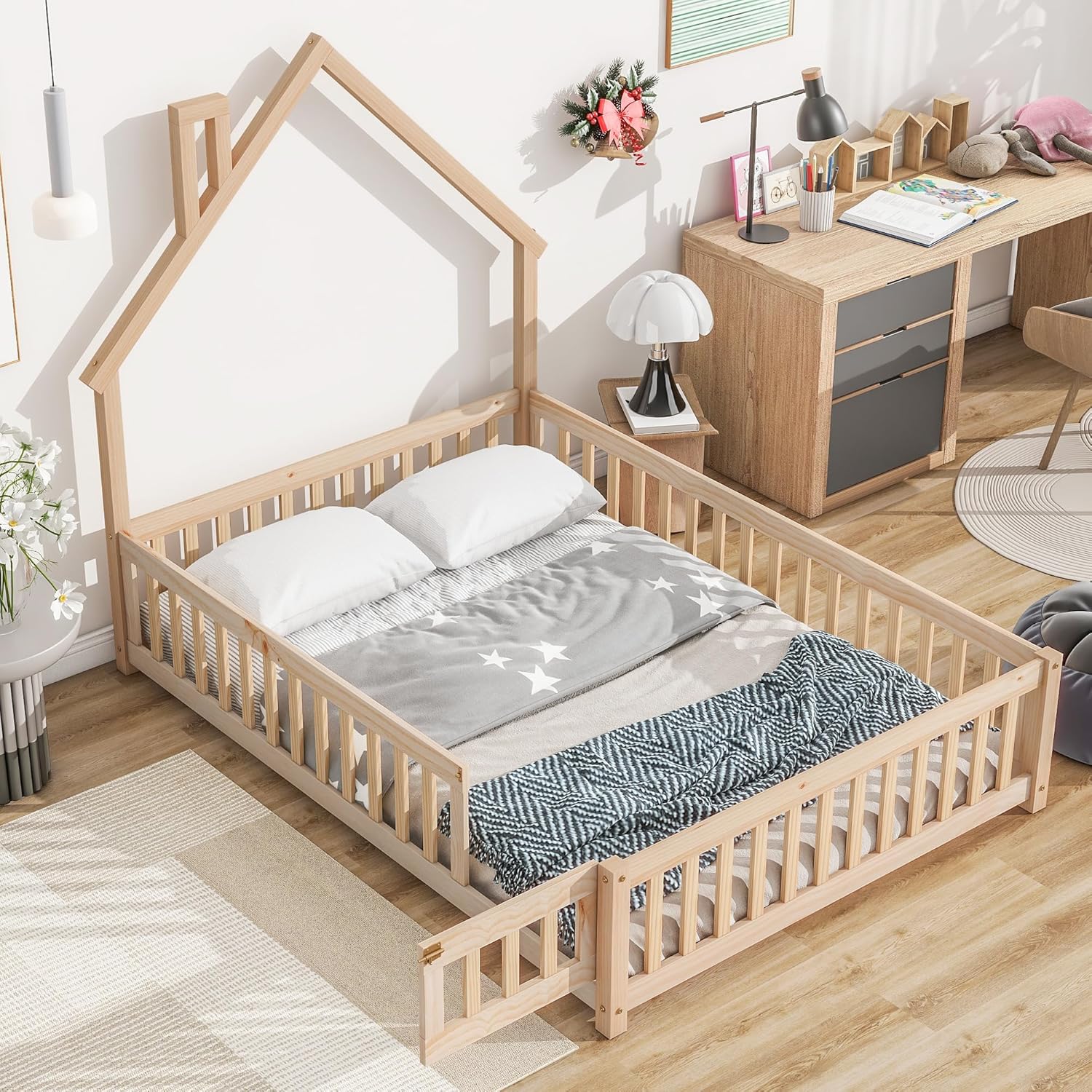 Full Size Floor Bed Frame with Fence & Door, Montessori Floor Bed with House-Shaped Headboard, Toddler Floor Bed for Kids Boys Girls, Easy Assembly