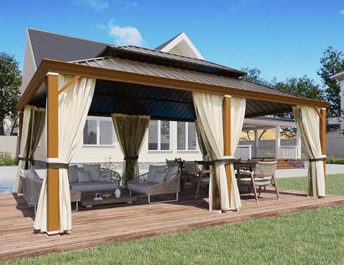 YOLENY 10' x 12' Hardtop Gazebo, Metal Gazebo with Aluminum Frame, Double Galvanized Steel Roof, Curtains and Netting Included
