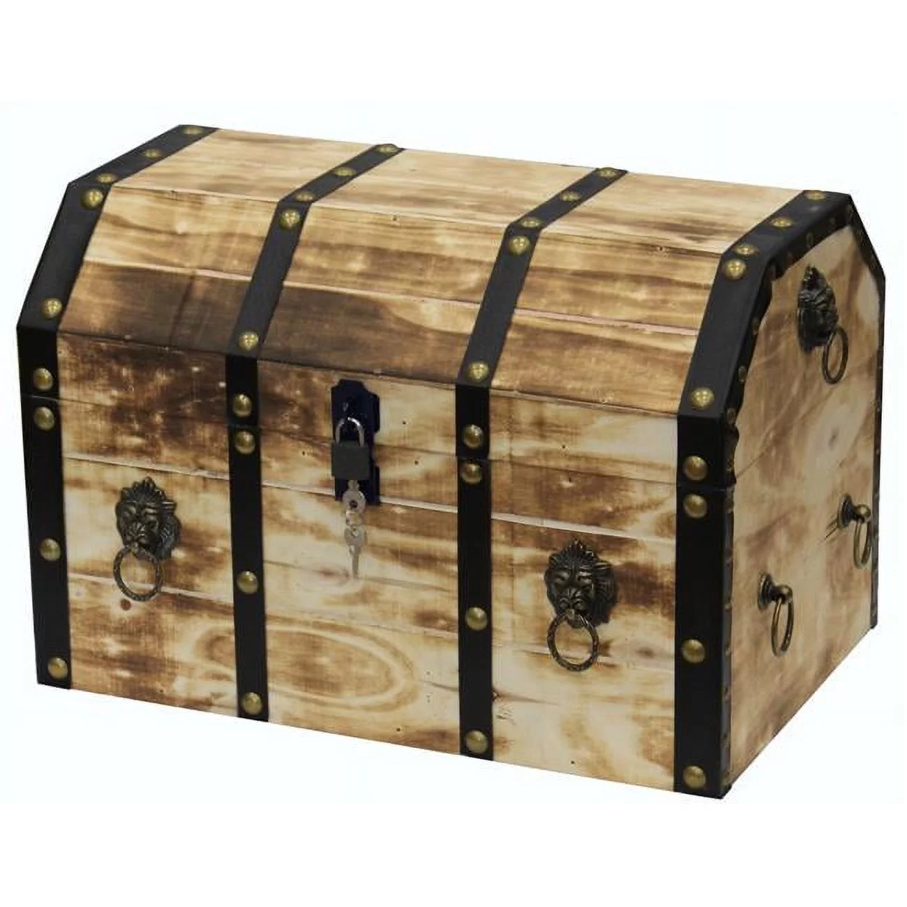 Wooden Decorative Lion Rings Pirate Trunk with Lockable Latch & Lock, Large