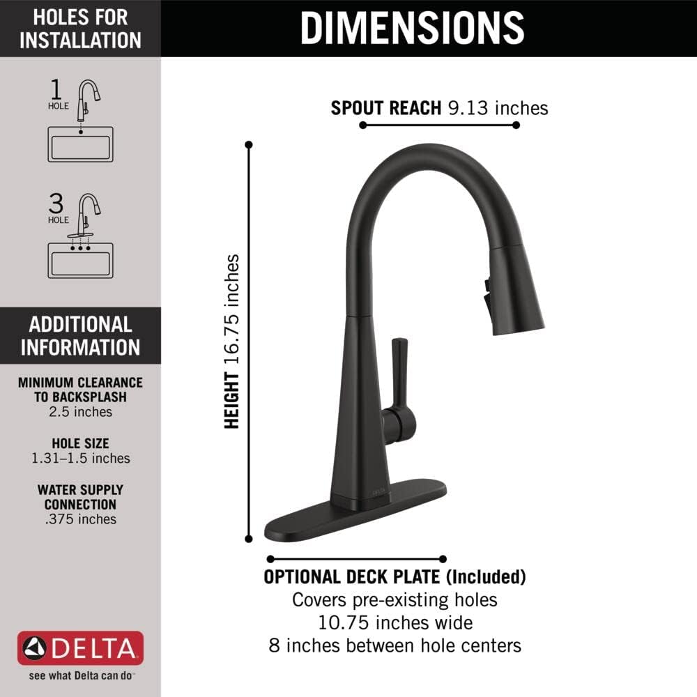 Delta Faucet Lenta Matte Black Kitchen Faucet Touch, Touch Kitchen Faucets with Pull Down Sprayer, Kitchen Sink Faucet, Kitchen Faucet Black