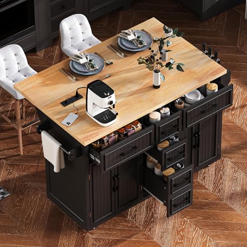 Kitchen Island with Drop Leaf & Power Outlet, Rolling Kitchen Islands Cart with 5 Open Storage Shelves & Towel Rack