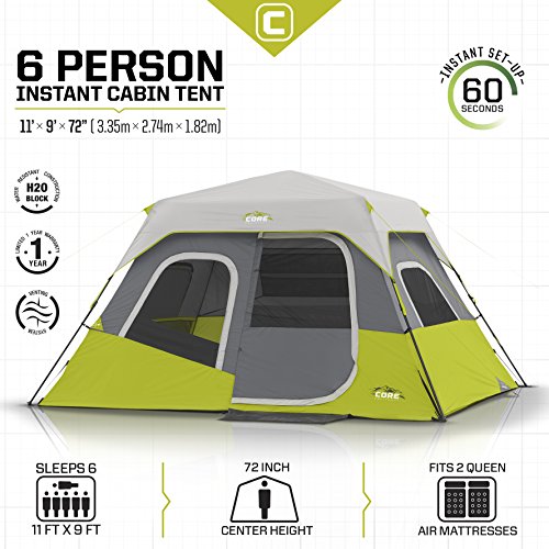 CORE 6 Person Instant Cabin Tent | Portable Large Pop Up Tent with Easy 60 Second Camp Setup for Family Camping | Included Hanging Organizer for