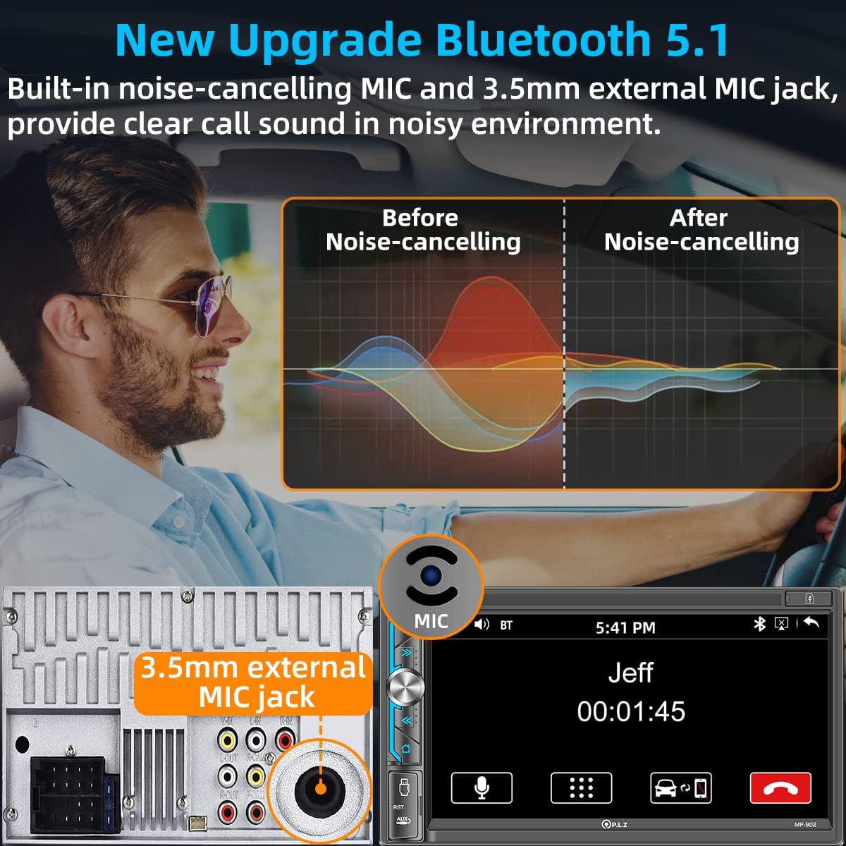 PLZ MP-902 Double Din Car Stereo, 7 Inch Full HD Capacitive Touchscreen Car Radio Receiver with Mirror Link, Bluetooth 5.1, Backup Camera