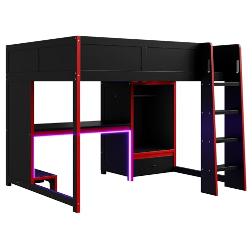 Gaming Bed with Desk,Wardrobe,Ample Storage Space,and RGB LED Light, Full Size Wood Loft Bed for Kids Bedroom (Cloud Blue/K)