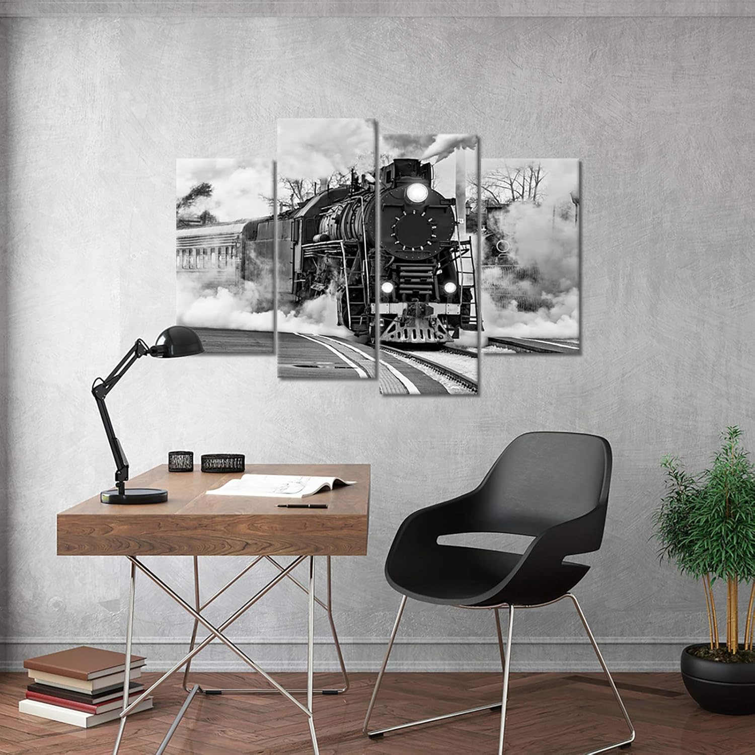KLVOS 4 Pieces Canvas Prints Wall Art Black and White Train with Gray Smoke Steam Trains in Progress Pictures Print On Canvas Vintage Steam