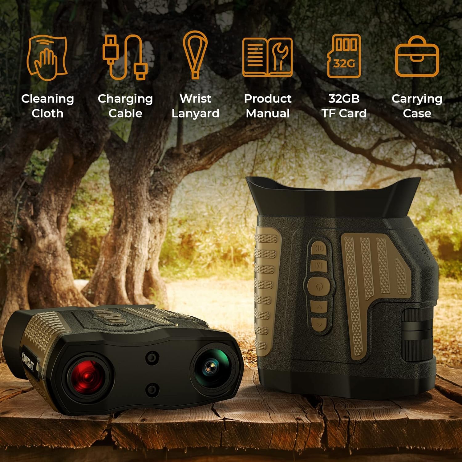 SAINSPOT Digital Infrared Night Vision Binoculars, Variable 1X - 10X Optical Zoom, Rechargeable, 1080P, Black and Brown