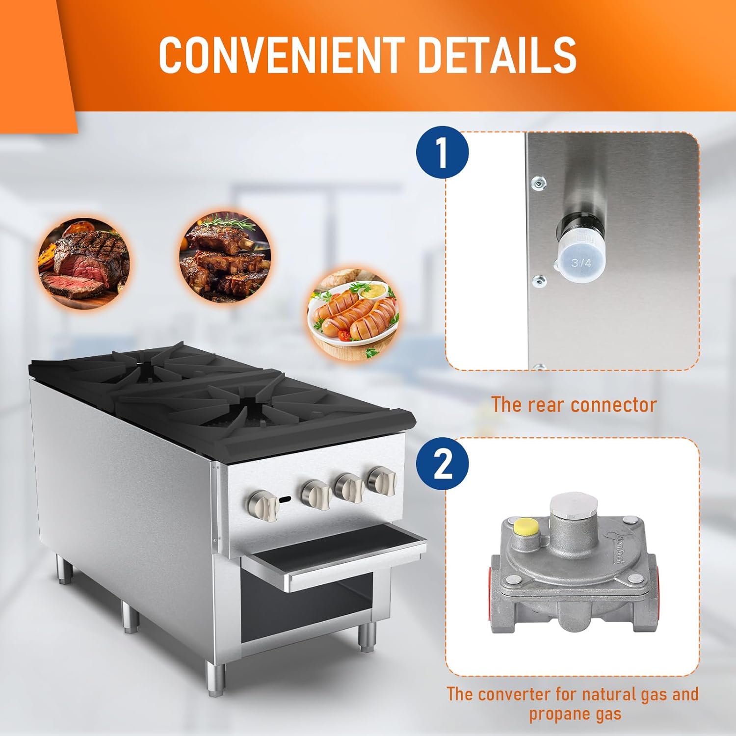 2 Burners Gas Stove, Propane and Natural Gas Commercial Hot Plate, 18"X45" Stainless Steel Wok Countertop Commercial Range, Outdoor Cooker
