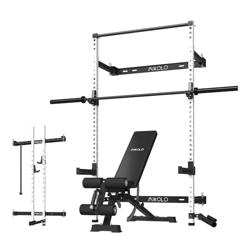 Mikolo 2" x 2" Folding Wall Mounted Squat Rack, 1000 Pounds Capacity Power Rack with Pull Up Bar, J Hooks and Other Attachments, Space-Saving Home Gym
