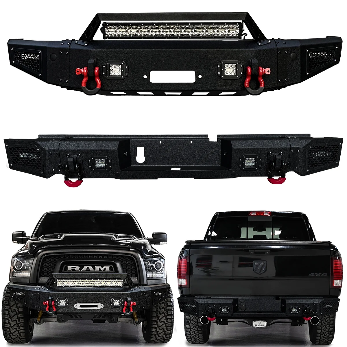 Vijay Front and Rear Bumper for 2015-2016-2017-2018 Dodge Ram 1500 Rebel with LED Lights and D-Rings - Curated Treasures Market