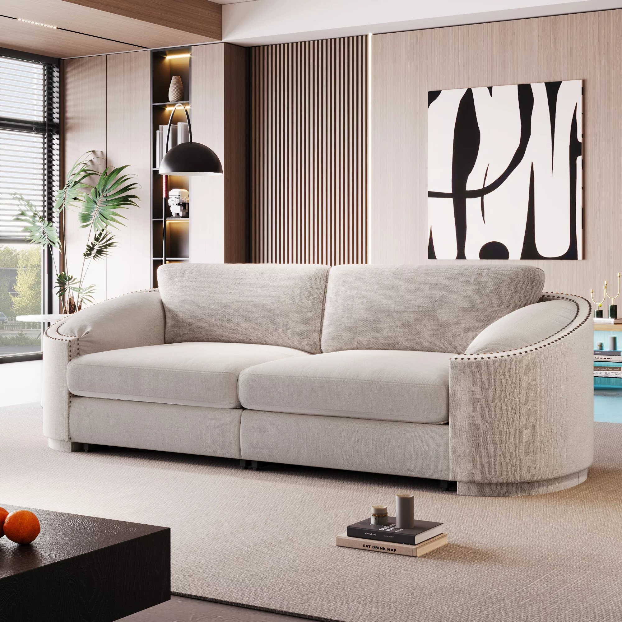3-Seater Sofa Couch, KAMIDA Sofas and Couches, Upholstered Sofa Couch with Semilunar Arm and Rivet Detailing