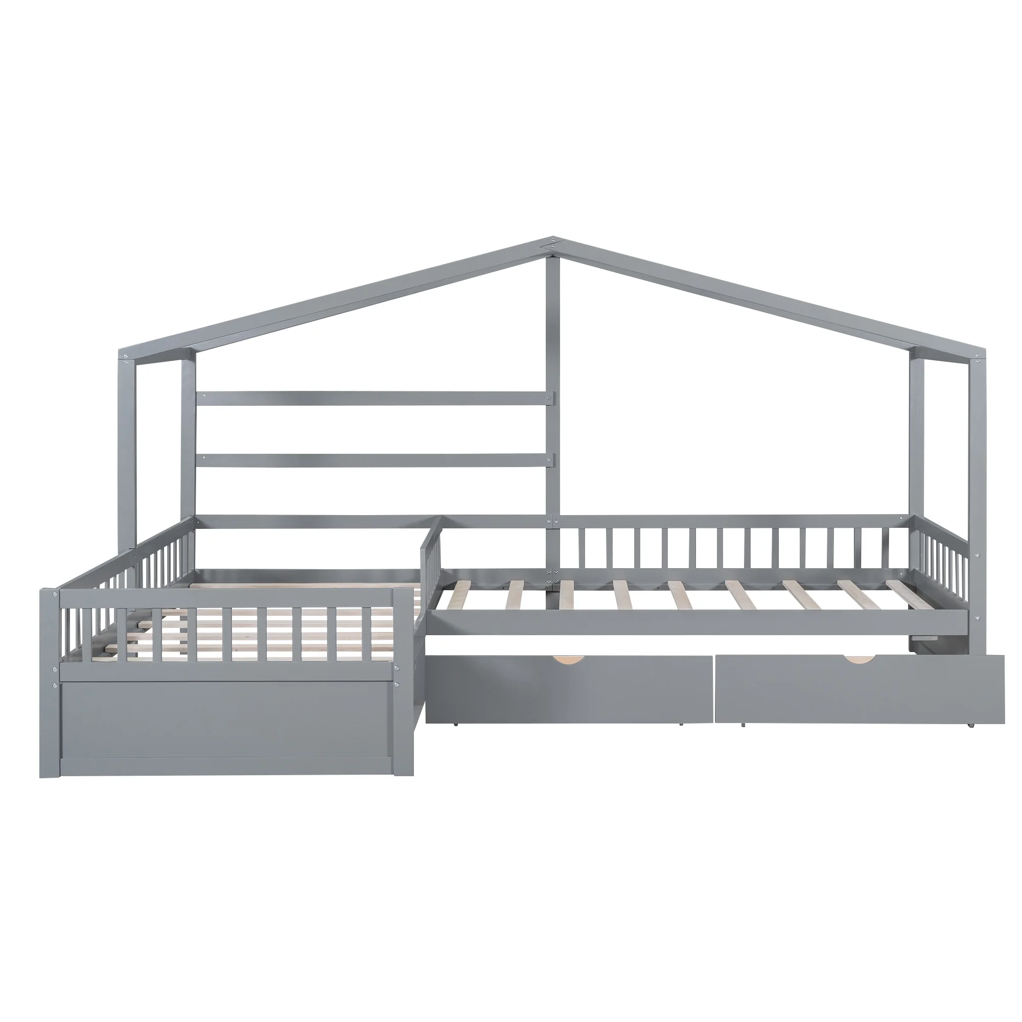 Churanty L Shaped Twin Bed for 2 Kids, Twin Size House Platform Bed with 3 Storage Drawers, Wood Double Twin Beds with Fence and Roof