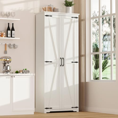 72" Tall Farmhouse Kitchen Pantry Cabinet, Large Storage Cabinet with 6 Adjustable Shelves, 4 Barn Doors & Drawer for Bathroom, Dining Room, Brown
