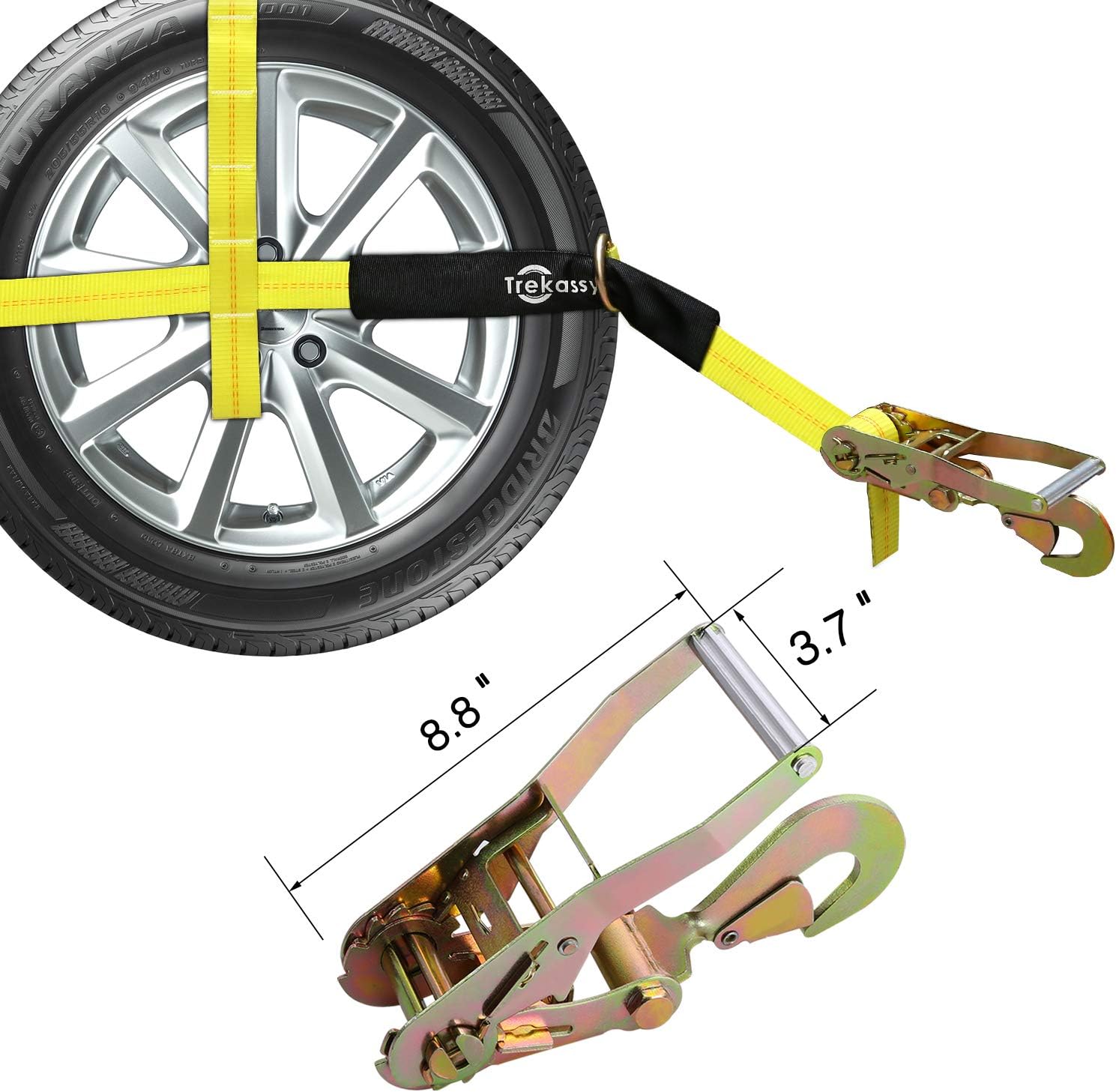 Trekassy 2”x 120” Wheel Net Car Hauler Tie Down Straps for Trailers Heavy Duty with 4 Axle Straps and 4 Ratchet with Snap Hooks
