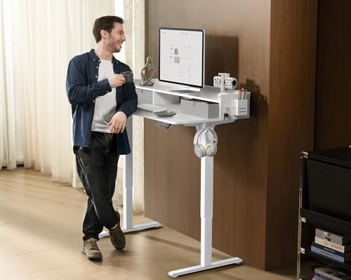 48x24 Inches Electric Standing Desk with 2 Drawers, Height Adjustable Stand up Desk for Home Office, Ergonomic Sit to Stand Table with Storage Shelf