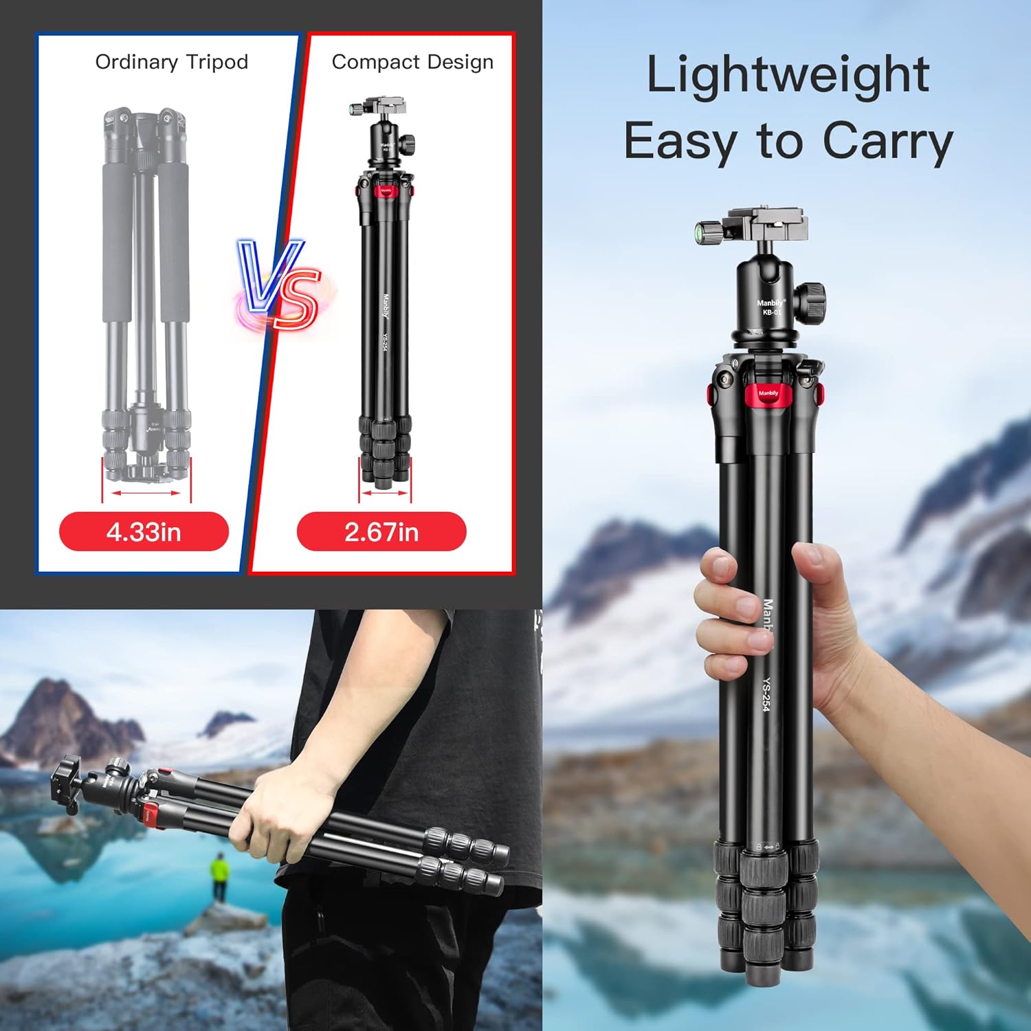 Manbily 63 Aluminum DSLR Camera Tripod Monopod Kit,Compact and Lightweight,360-degree Panoramic Ball Head Quick Release Plate