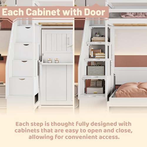 Full Murphy Bed with Stairs, Convertible Wall Bed Frame with Hydraulic Lift & Desk, Murphy Cabinet Beds with Upper Bed for Teens, Boys and Girls