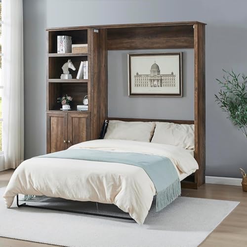 MERITLINE Queen Size Murphy Bed with Storage Bookcase Shelves,Cabinet and Charging Station,Wood Folding White Murphy Wall Bed