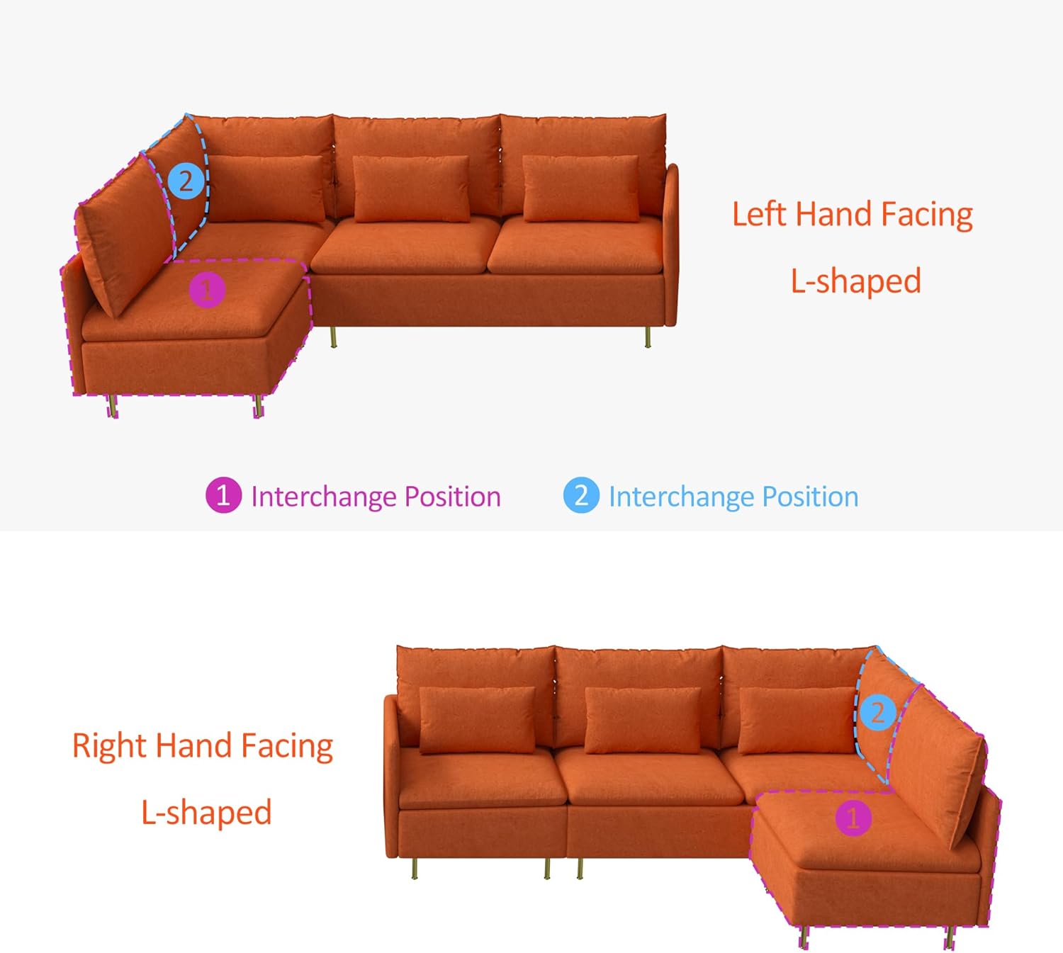 Modular L-Shaped Corner Sofa,Left Hand Facing Sectional Couch,Orange Cotton Linen-90.9" Modern Couch for Bedroom,Apartment Sofa,Office Couch