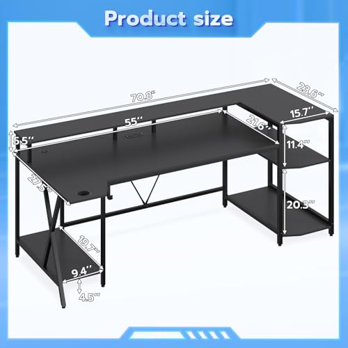 SEDETA Gaming Desk 70.8'' with LED Lights and Storage Shelves, Computer Desk with Monitor Stand, Power Outlets and Cup Holder, Large PC Gamer Desk
