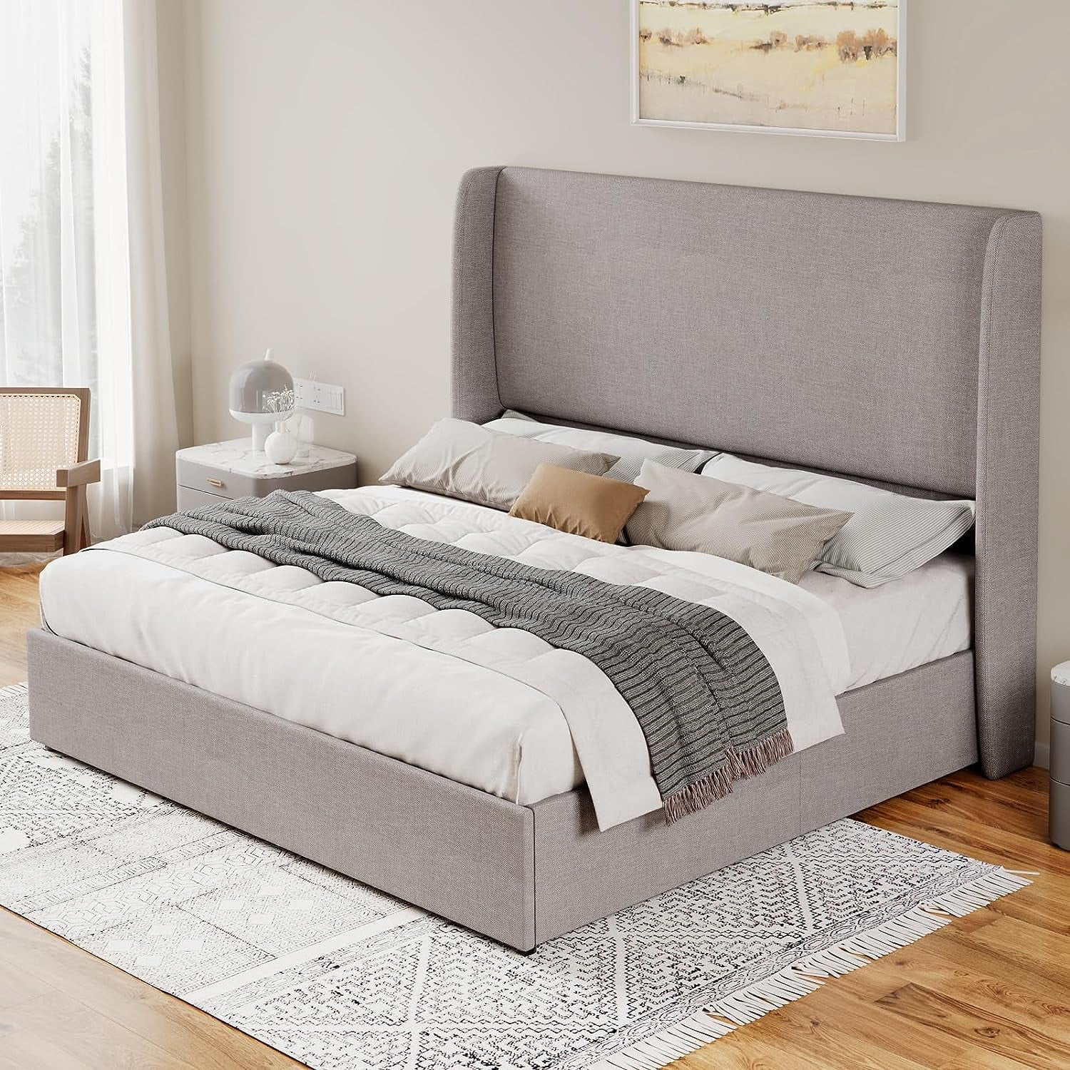 Jocisland Lift Up Storage Bed King Size Linen Upholstered Platform Bed Frame/Hydraulic Storage/Modern Wingback Headboard/No Box Spring Needed/Wood