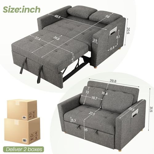 SEJOV 3-in-1 Convertible Sofa Bed, Linen Fabric Sleeper Couch Pull Out Bed, 49" 2-Seater Loveseat Futon Sofa with Spring Support