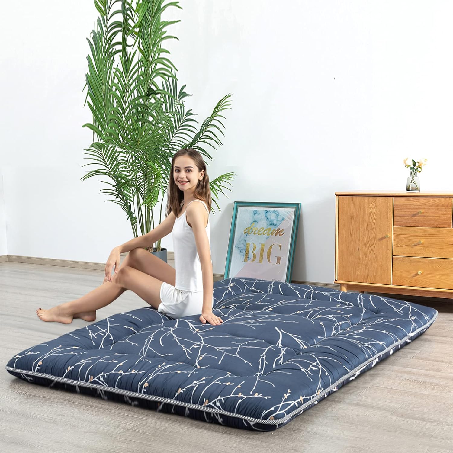 HIGOGOGO Black Futon Mattress for Floor, Thick Geometric Pattern Japanese Floor Mattress Sleeping Tatami Mat Roll Up Camping Mattress