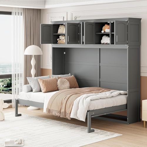 MERITLINE Queen Horizontal Murphy Bed Cabinet with Storage Bookcase Shelves and Charging Station,Wood Folding Grey Murphy Wall Bed for Adult