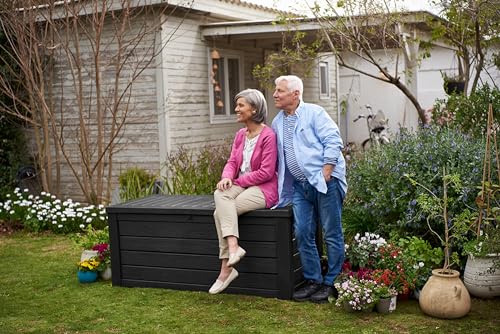 Keter Outdoor Storage Deck Box, 150 Gallon Resin Patio Bin & Bench, Wood Grain, Brown