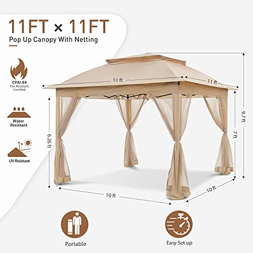 COOS BAY 11x11 Pop Up Instant Gazebo Tent with Mosquito Netting Outdoor Canopy Shelter with 121 Square Feet of Shade (Beige)