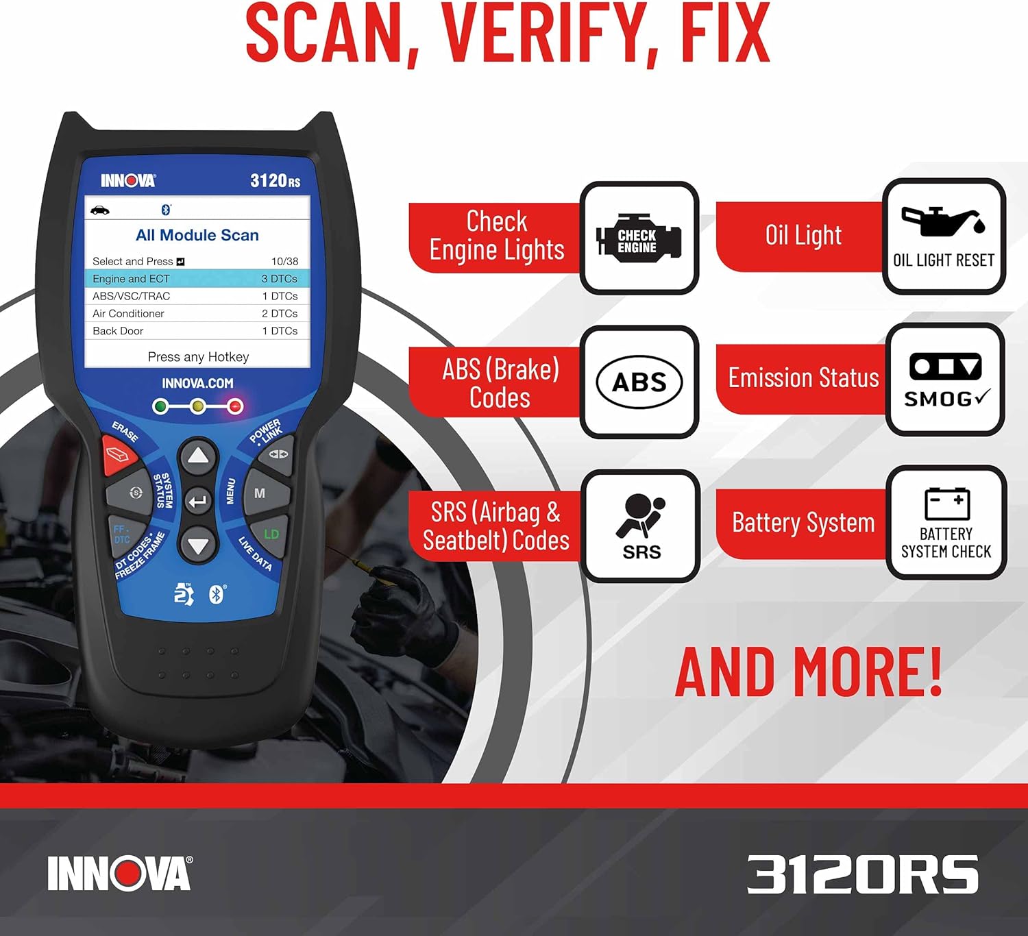 Innova 3120RS Code Scanner - Professional OBD2 Scanner - Smog Test Scan Tool - ODB1 Adapters - RepairSolutions2 App