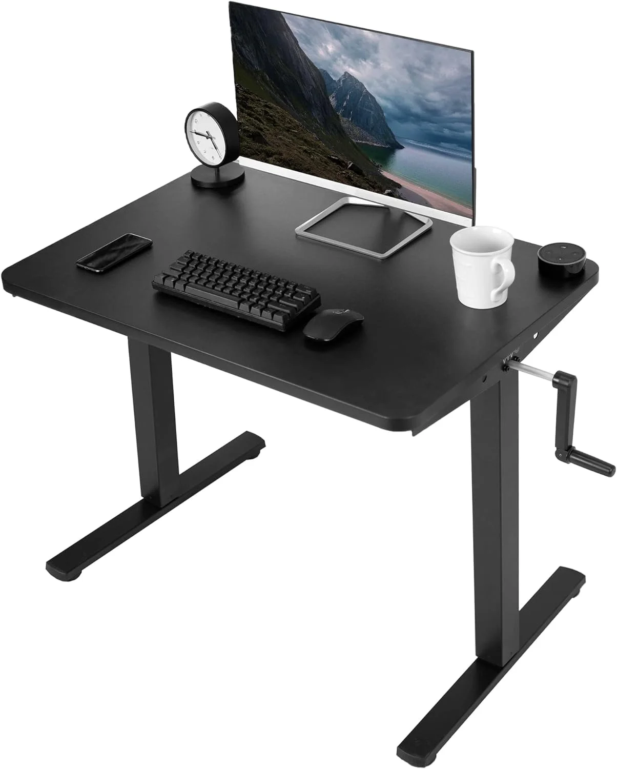 Manual Height Adjustable 36 X 24 Inch Stand Up Desk, Black Solid One-Piece Table Top, Black Frame, Standing Workstation With Hand Crank, DESK-KIT-CB3B