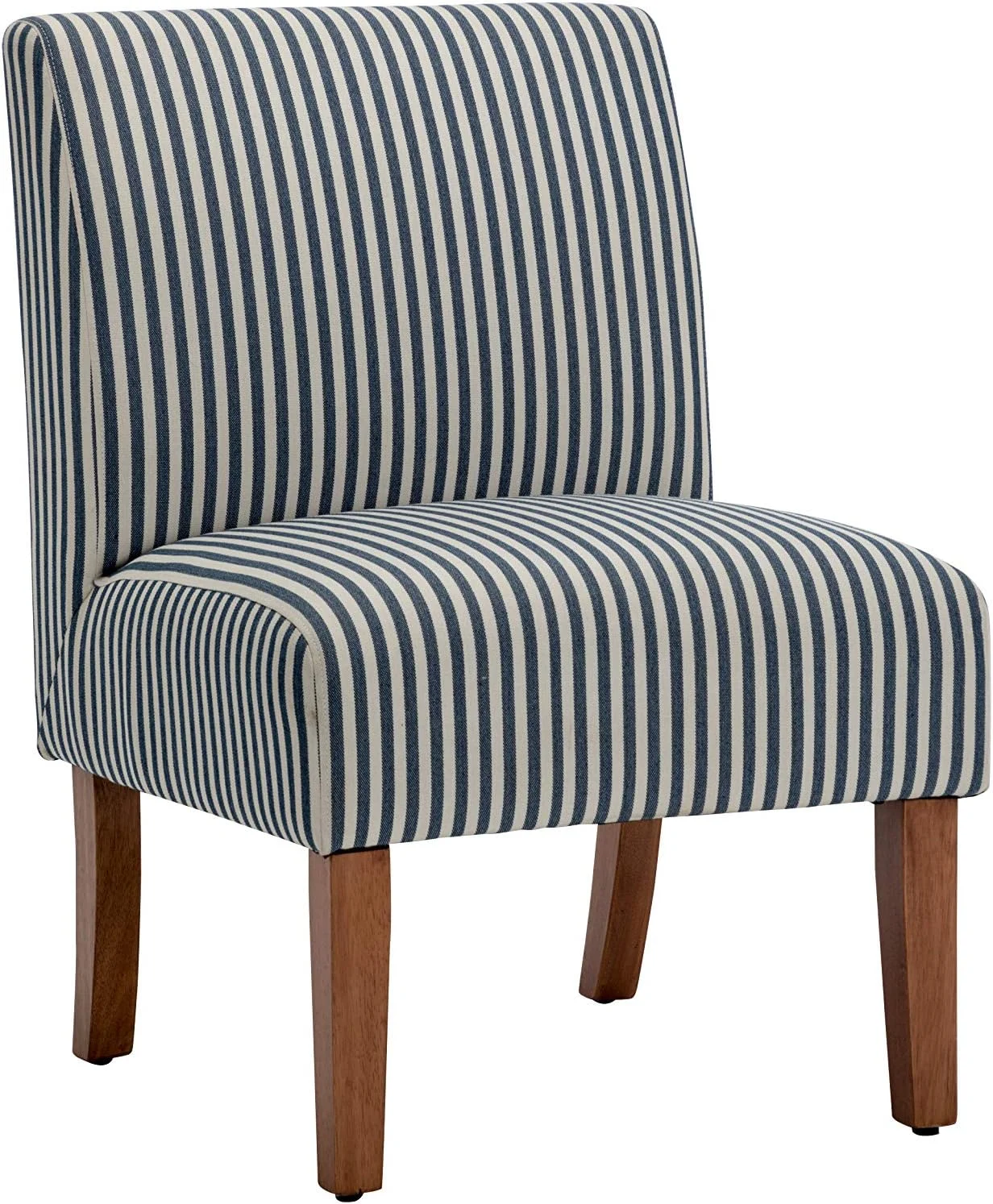 Classic Armless Slipper Accent Chair With Wood Legs, Navy And White Stripe Fabric